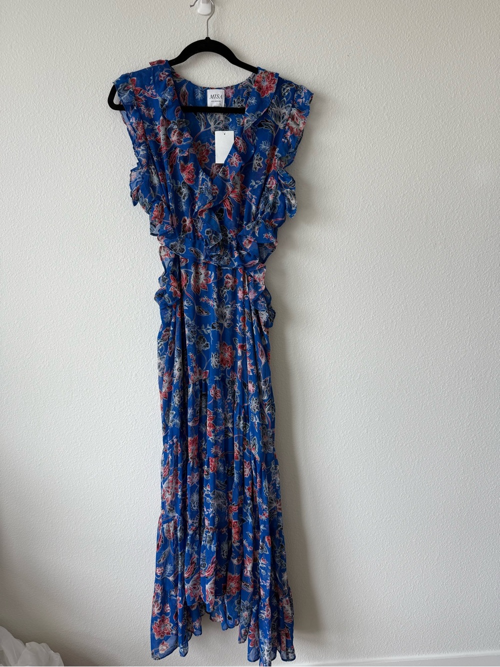 NWT MISA Los Angeles Women's Blue Natasha Cut-Out Ruffled Midi-Dress - Picture 5 of 11